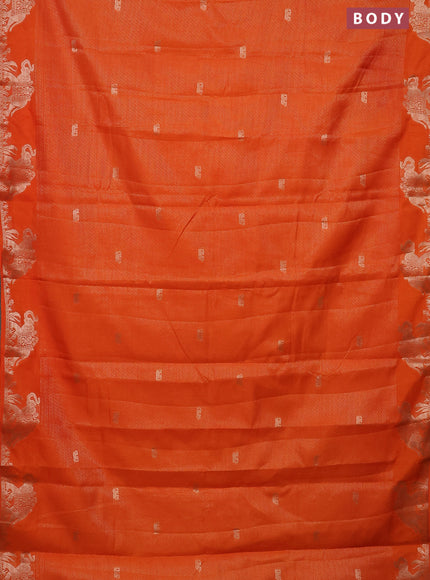 Semi raw silk saree orange with zari weaves & elephant buttas and elephant design zari woven border