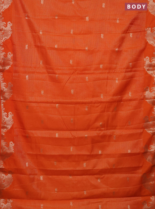 Semi raw silk saree orange with zari weaves & elephant buttas and elephant design zari woven border