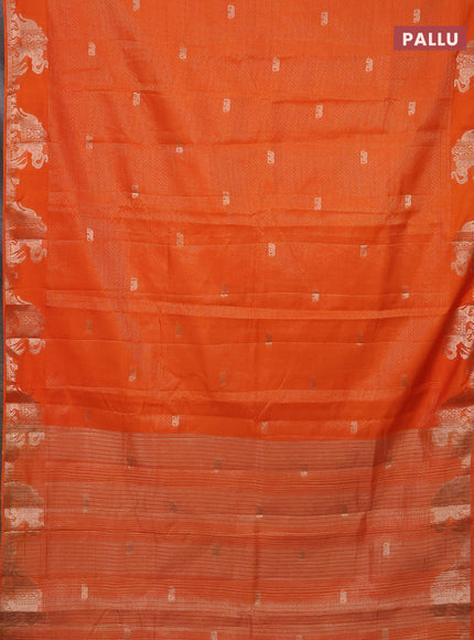 Semi raw silk saree orange with zari weaves & elephant buttas and elephant design zari woven border