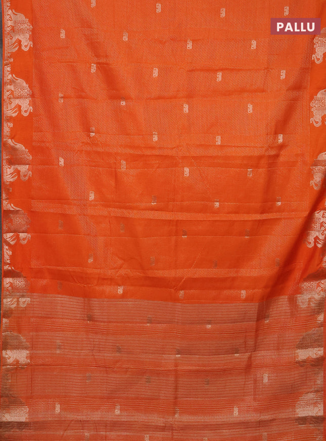 Semi raw silk saree orange with zari weaves & elephant buttas and elephant design zari woven border