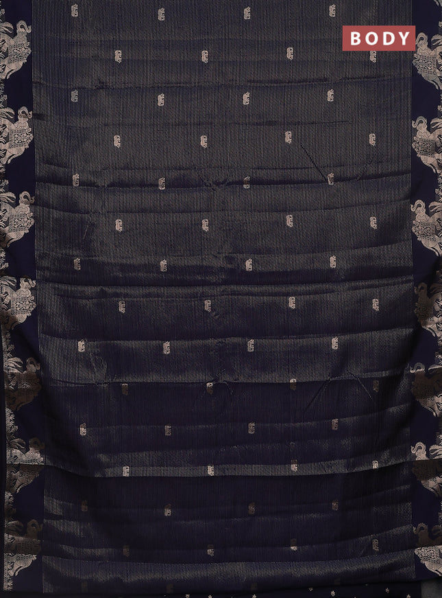 Semi raw silk saree navy blue with zari weaves & elephant buttas and elephant design zari woven border