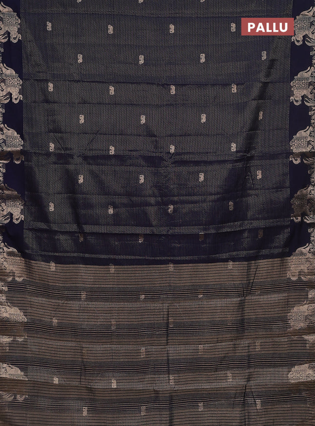 Semi raw silk saree navy blue with zari weaves & elephant buttas and elephant design zari woven border
