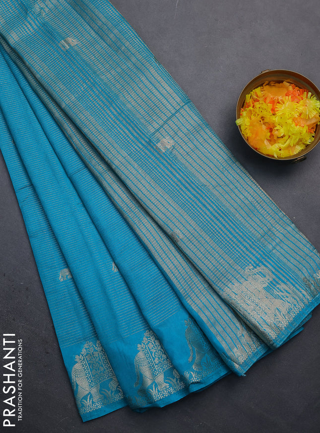 Semi raw silk saree teal blue with zari weaves & elephant buttas and elephant design zari woven border