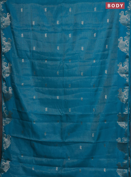 Semi raw silk saree teal blue with zari weaves & elephant buttas and elephant design zari woven border