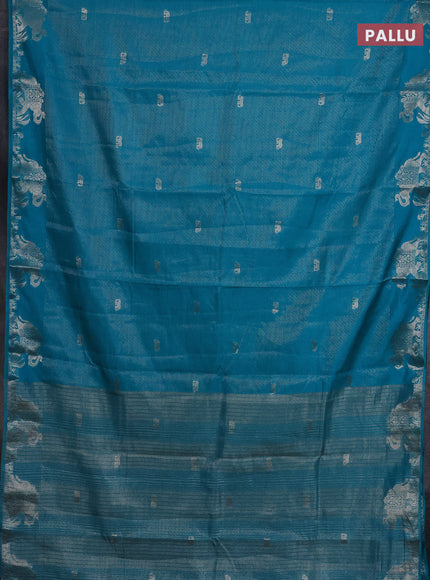 Semi raw silk saree teal blue with zari weaves & elephant buttas and elephant design zari woven border