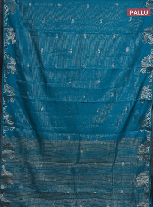 Semi raw silk saree teal blue with zari weaves & elephant buttas and elephant design zari woven border