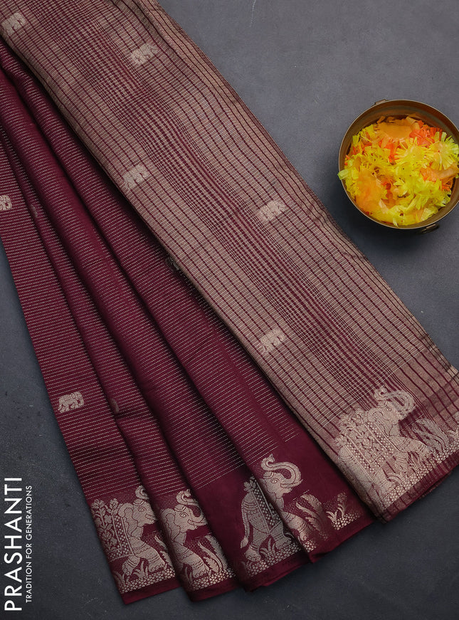 Semi raw silk saree wine shade with zari weaves & elephant buttas and elephant design zari woven border