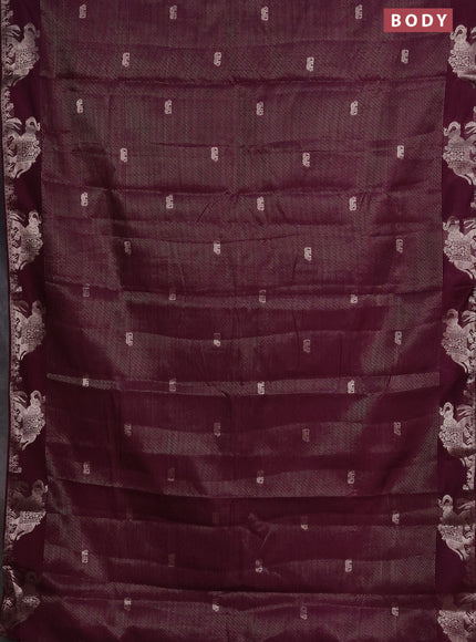 Semi raw silk saree wine shade with zari weaves & elephant buttas and elephant design zari woven border