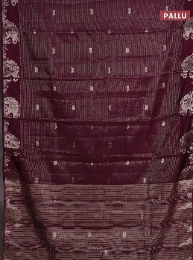 Semi raw silk saree wine shade with zari weaves & elephant buttas and elephant design zari woven border