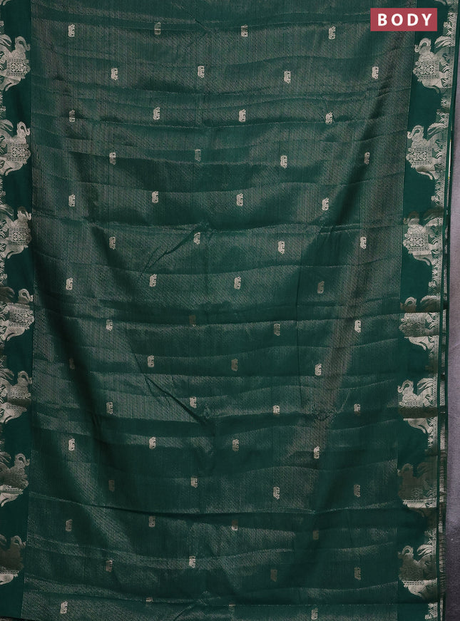 Semi raw silk saree green with zari weaves & elephant buttas and elephant design zari woven border