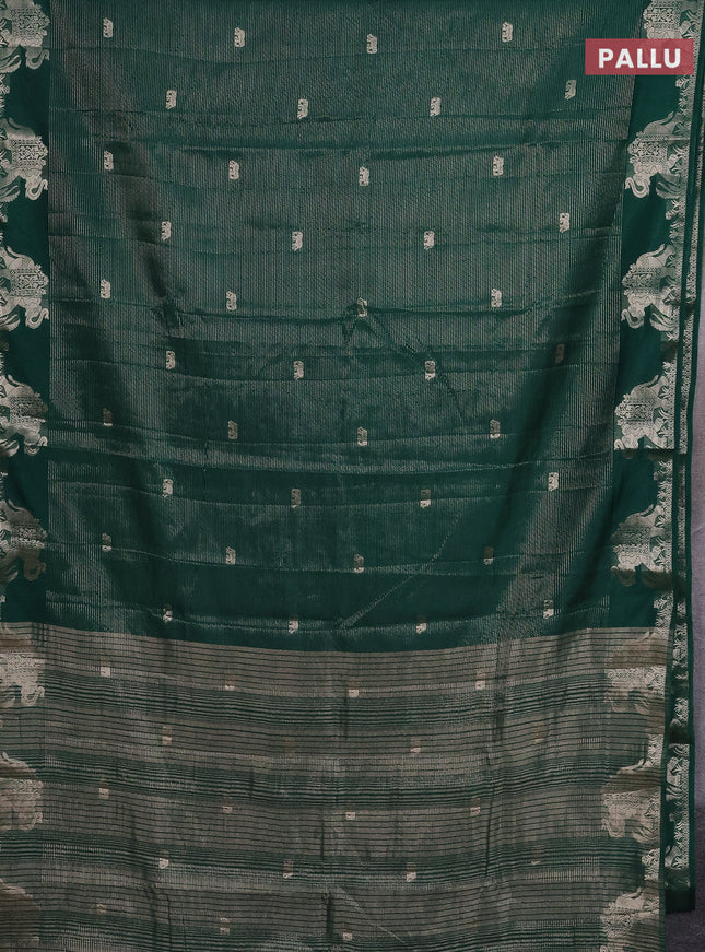 Semi raw silk saree green with zari weaves & elephant buttas and elephant design zari woven border