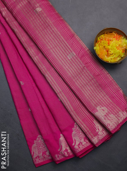 Semi raw silk saree pink with zari weaves & elephant buttas and elephant design zari woven border