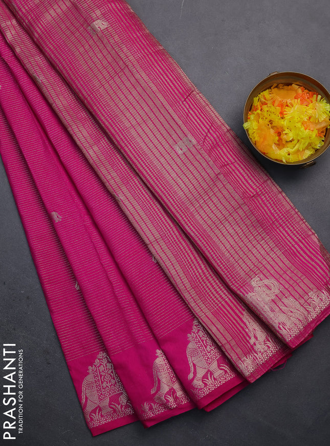 Semi raw silk saree pink with zari weaves & elephant buttas and elephant design zari woven border