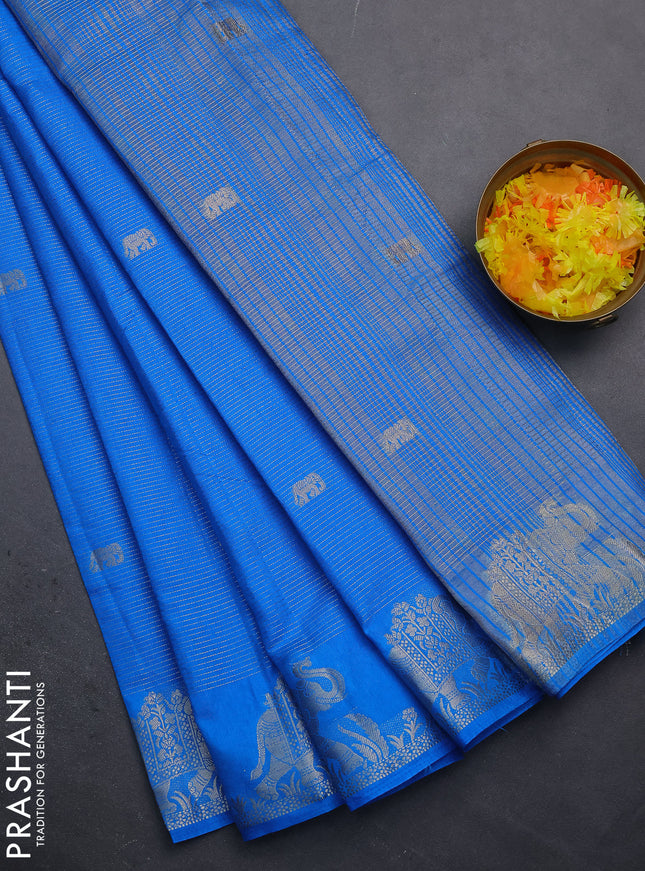 Semi raw silk saree cs blue with zari weaves & elephant buttas and elephant design zari woven border