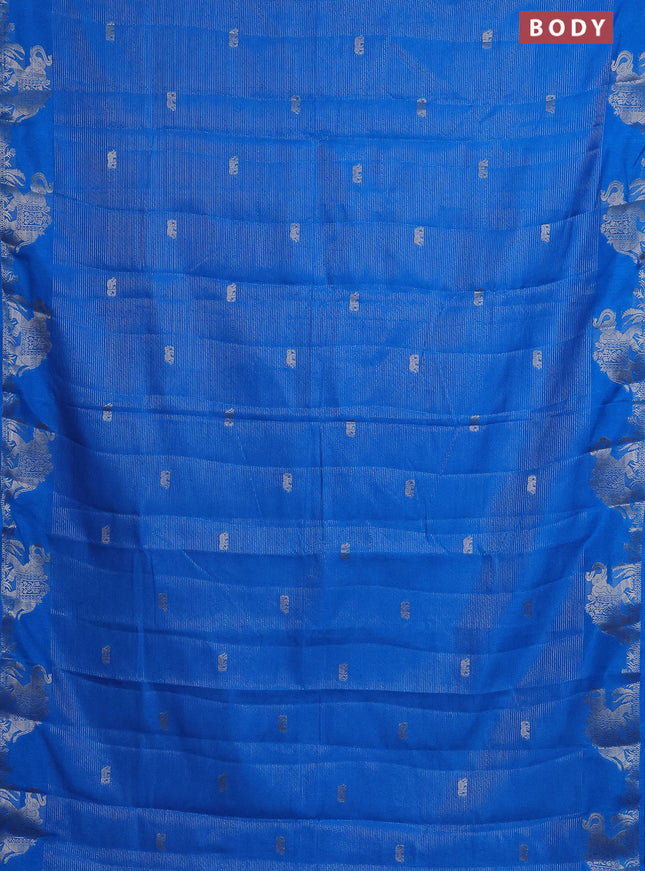 Semi raw silk saree cs blue with zari weaves & elephant buttas and elephant design zari woven border