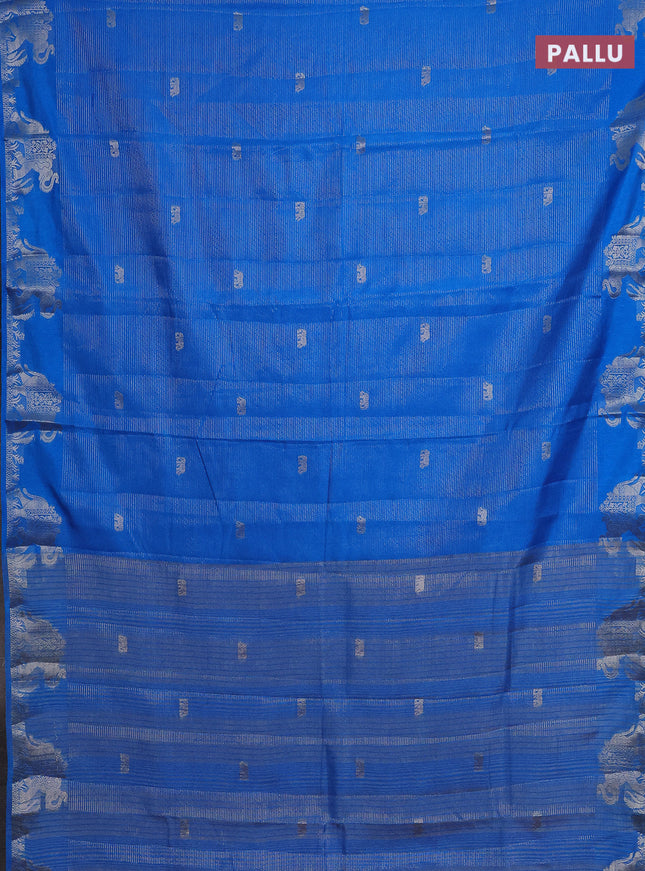Semi raw silk saree cs blue with zari weaves & elephant buttas and elephant design zari woven border