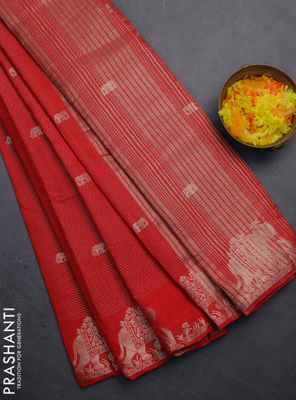 Semi raw silk saree red with zari weaves & elephant buttas and elephant design zari woven border