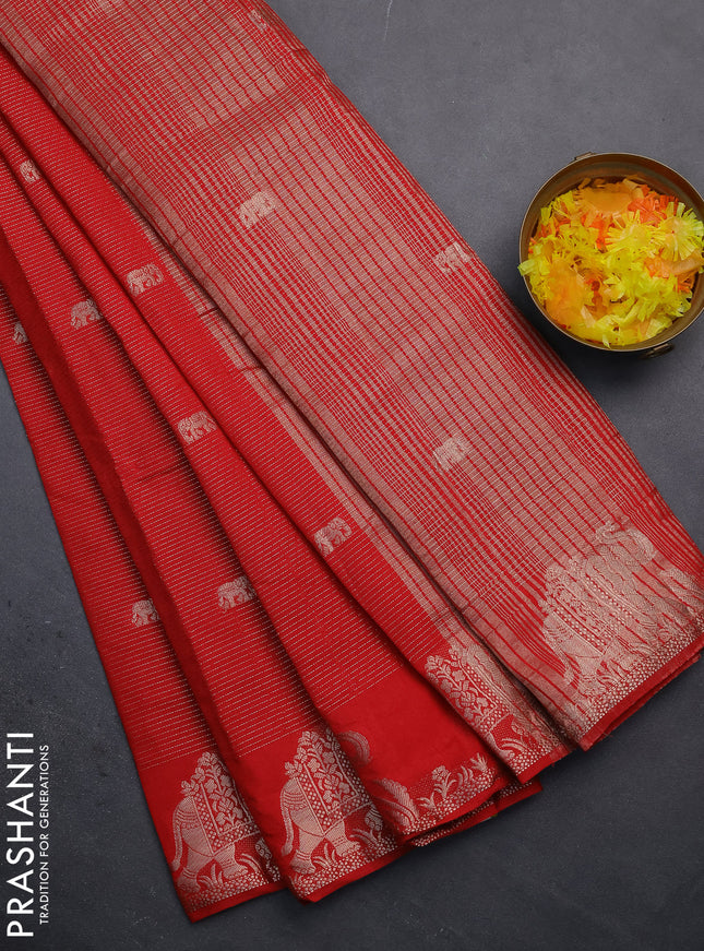 Semi raw silk saree red with zari weaves & elephant buttas and elephant design zari woven border