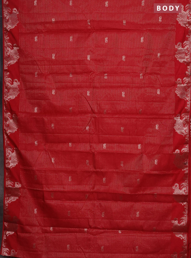 Semi raw silk saree red with zari weaves & elephant buttas and elephant design zari woven border