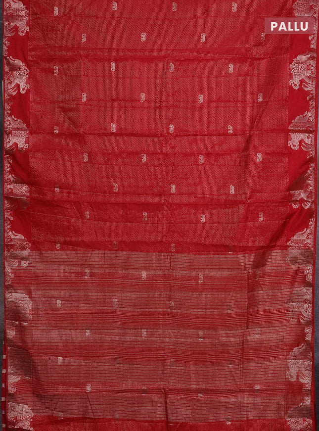 Semi raw silk saree red with zari weaves & elephant buttas and elephant design zari woven border
