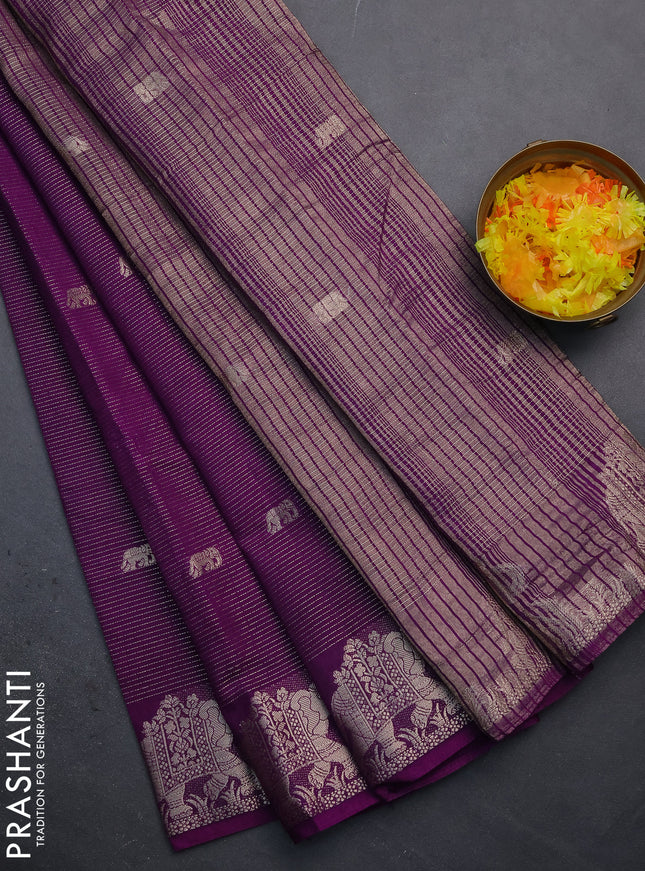Semi raw silk saree deep purple with zari weaves & elephant buttas and elephant design zari woven border