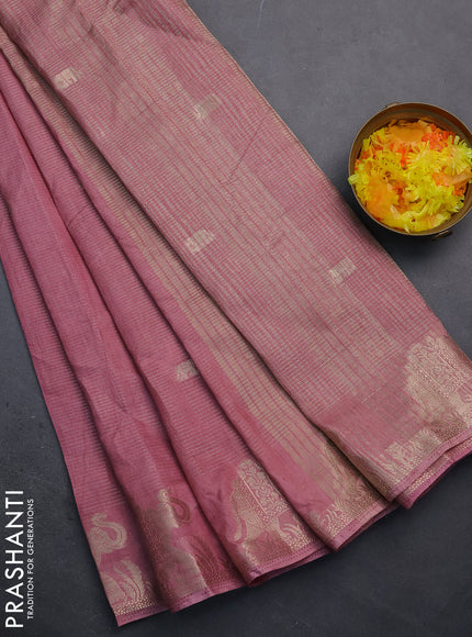 Semi raw silk saree pastel pink with zari weaves & elephant buttas and elephant design zari woven border