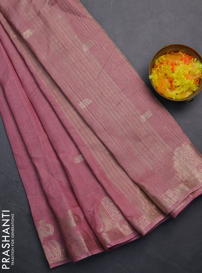 Semi raw silk saree pastel pink with zari weaves & elephant buttas and elephant design zari woven border