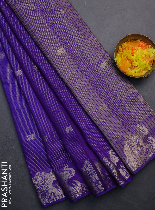 Semi raw silk saree violet with zari weaves & elephant buttas and elephant design zari woven border