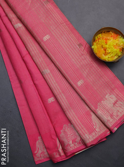 Semi raw silk saree pink with zari weaves & elephant buttas and elephant design zari woven border