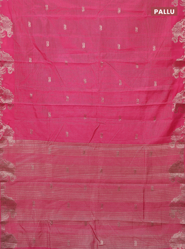 Semi raw silk saree pink with zari weaves & elephant buttas and elephant design zari woven border