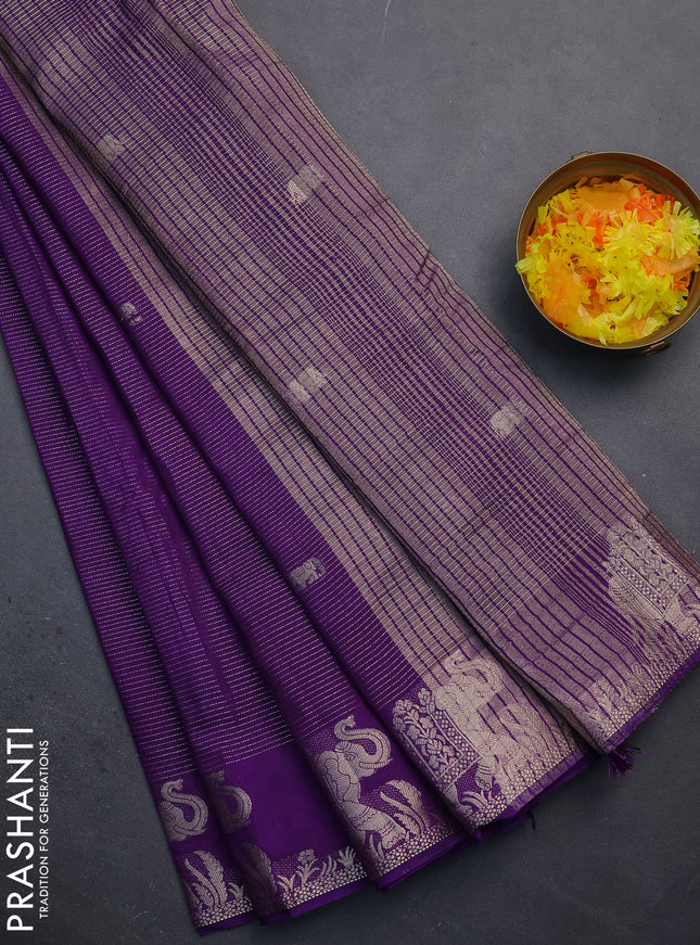 Semi raw silk saree violet with zari weaves & elephant buttas and elephant design zari woven border