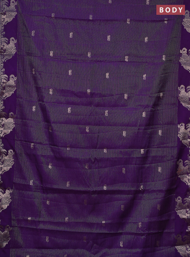 Semi raw silk saree violet with zari weaves & elephant buttas and elephant design zari woven border