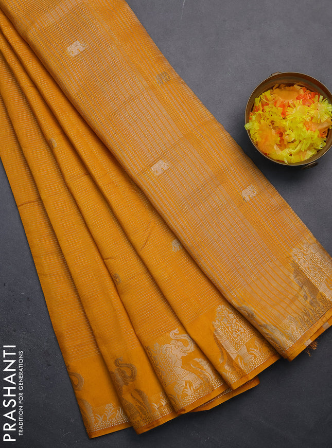 Semi raw silk saree mango yellow with zari weaves & elephant buttas and elephant design zari woven border