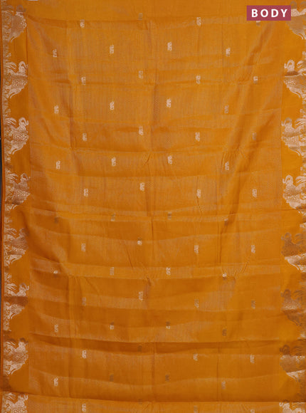 Semi raw silk saree mango yellow with zari weaves & elephant buttas and elephant design zari woven border