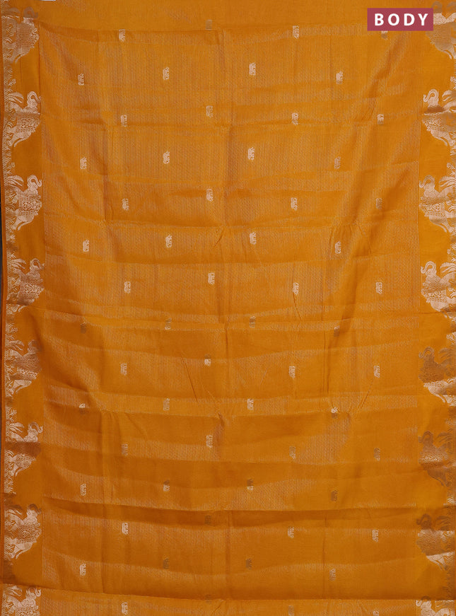 Semi raw silk saree mango yellow with zari weaves & elephant buttas and elephant design zari woven border