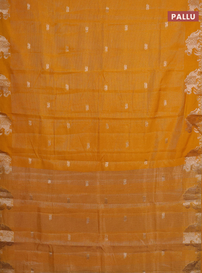 Semi raw silk saree mango yellow with zari weaves & elephant buttas and elephant design zari woven border