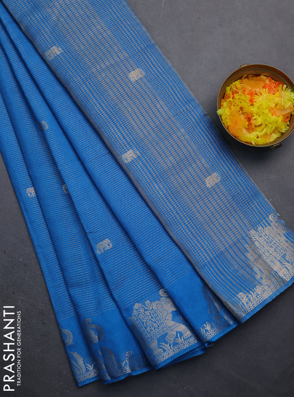Semi raw silk saree cs blue with zari weaves & elephant buttas and elephant design zari woven border