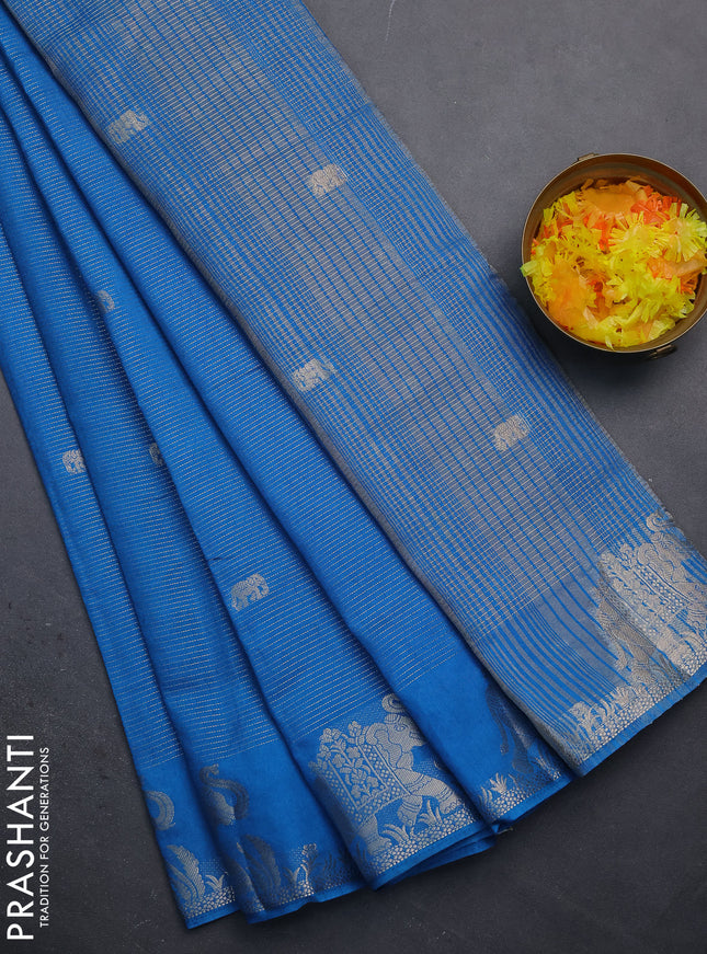 Semi raw silk saree cs blue with zari weaves & elephant buttas and elephant design zari woven border