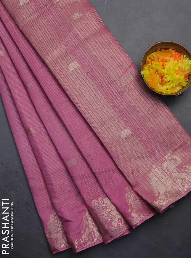 Semi raw silk saree mauve pink with zari weaves & elephant buttas and elephant design zari woven border