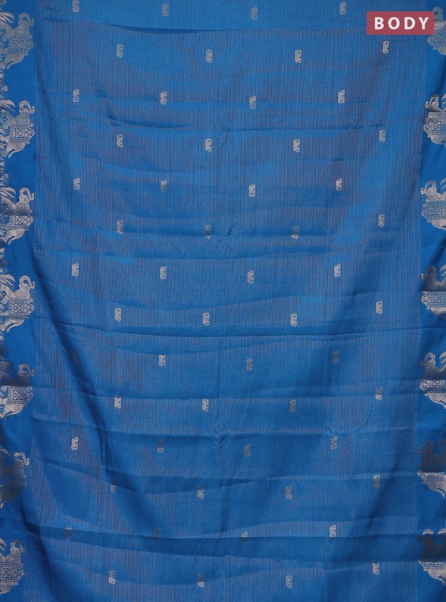 Semi raw silk saree cs blue with zari weaves & elephant buttas and elephant design zari woven border