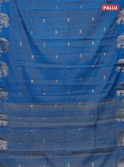 Semi raw silk saree cs blue with zari weaves & elephant buttas and elephant design zari woven border