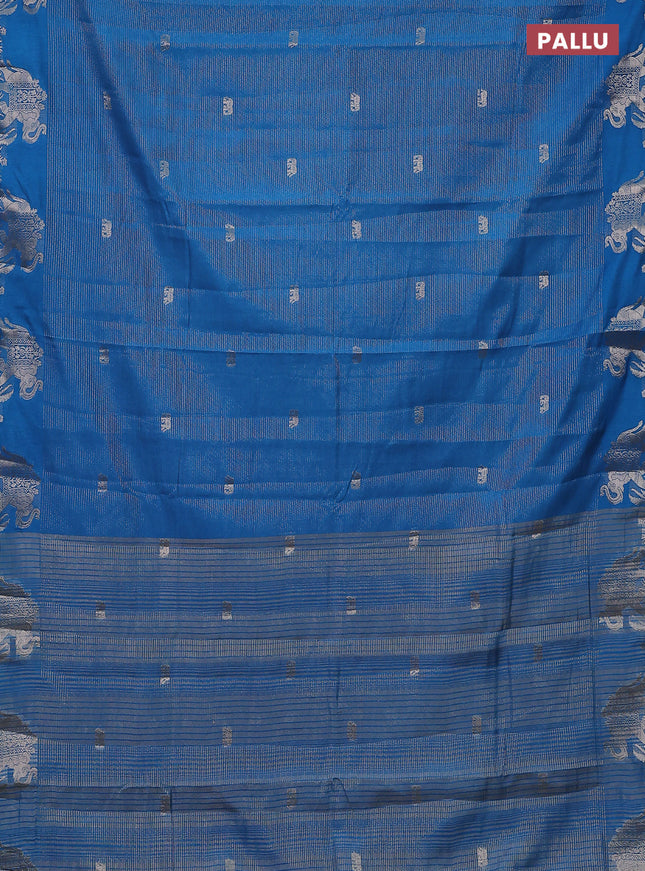 Semi raw silk saree cs blue with zari weaves & elephant buttas and elephant design zari woven border