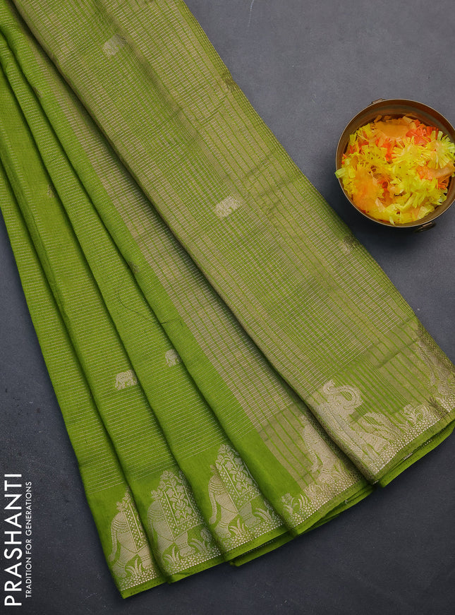 Semi raw silk saree lime green with zari weaves & elephant buttas and elephant design zari woven border