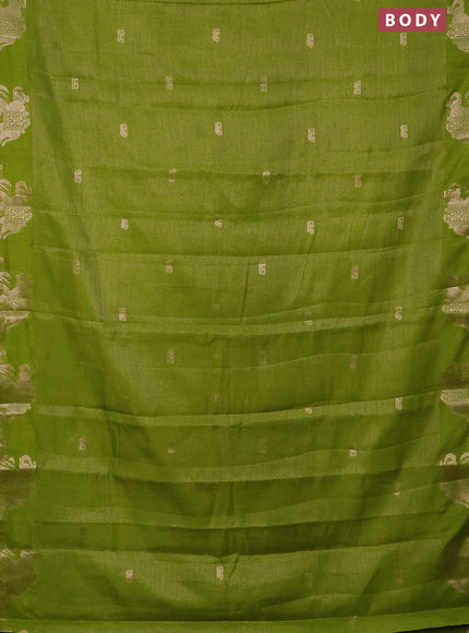 Semi raw silk saree lime green with zari weaves & elephant buttas and elephant design zari woven border