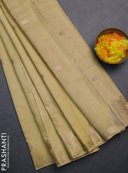 Semi raw silk saree sandal with zari weaves & elephant buttas and elephant design zari woven border