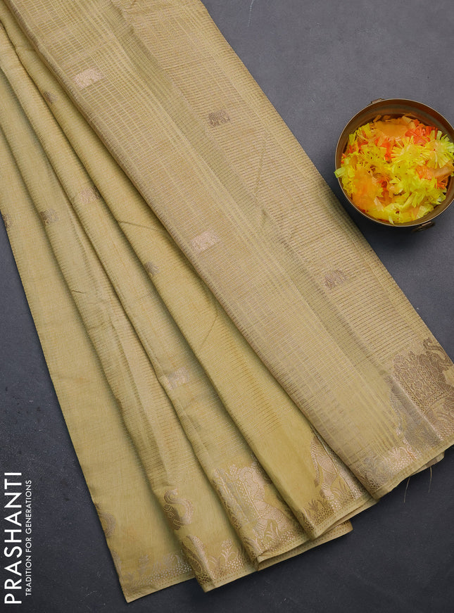 Semi raw silk saree sandal with zari weaves & elephant buttas and elephant design zari woven border