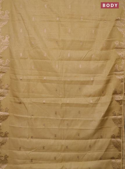 Semi raw silk saree sandal with zari weaves & elephant buttas and elephant design zari woven border