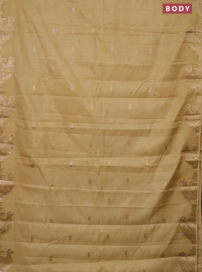 Semi raw silk saree sandal with zari weaves & elephant buttas and elephant design zari woven border