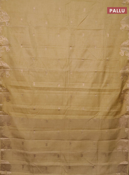 Semi raw silk saree sandal with zari weaves & elephant buttas and elephant design zari woven border