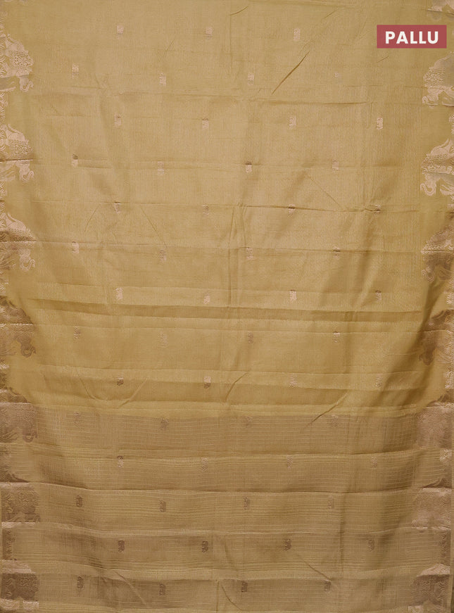 Semi raw silk saree sandal with zari weaves & elephant buttas and elephant design zari woven border